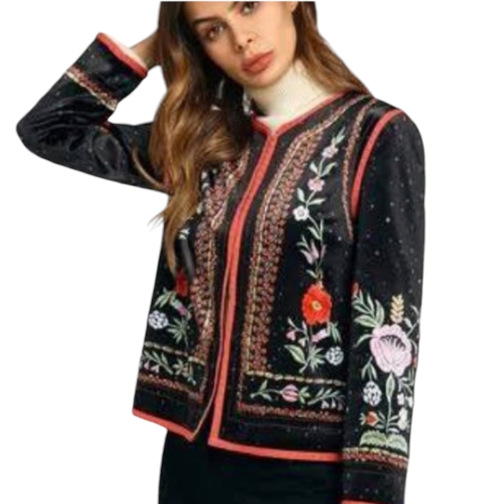 Anthropologie FloryDay  Floral Velvet Jacket  Size Small